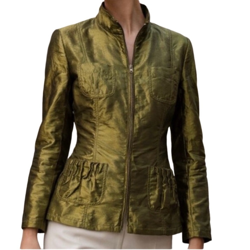 Chicos emerald green shiny silky iridescent jacket. Size 0. (S/4). Full zip.